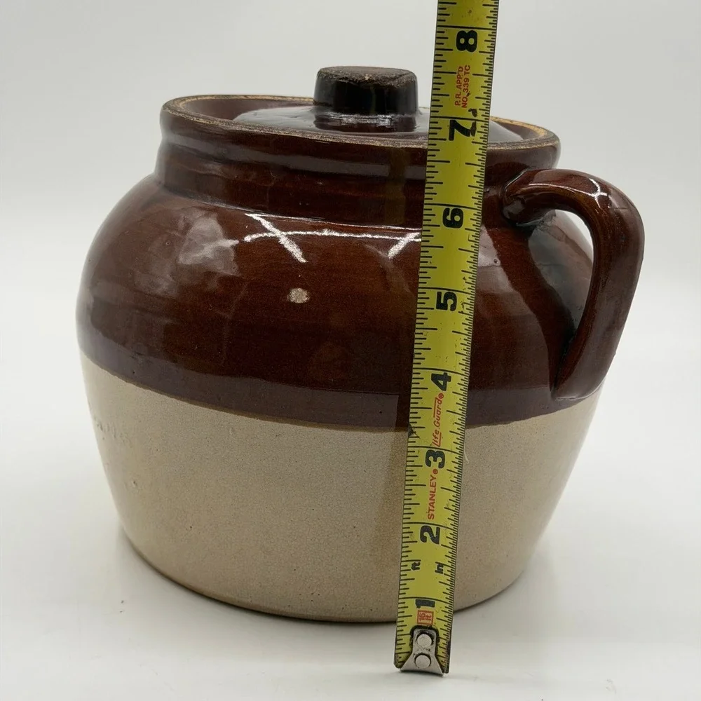 Vintage Robinson Ransbottom Blue Crown 3 Two Tone Stoneware Bean Pot with Lid